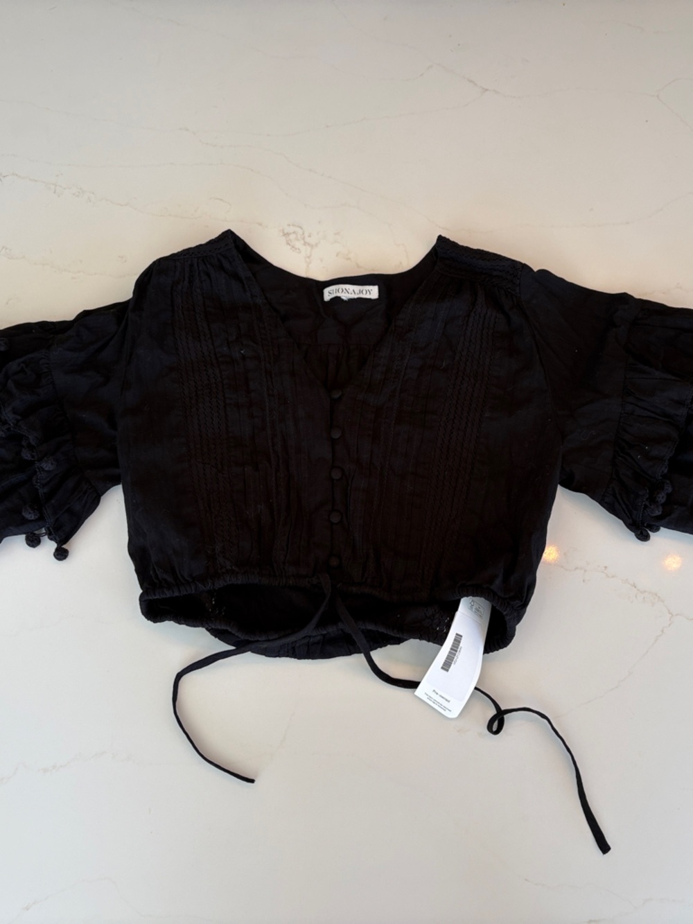 Shona Joy Black Button-Front Peasant Top with Tie